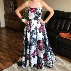 Betsy and Adam High-Low Floral Satin Ball Gown